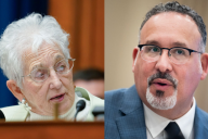 A split image of a light-skinned woman with white hair and glasses speaking into a microphone on the left, while a man with slightly darker skin, glasses and a beard and mustache is on the right