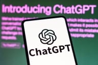 A drawing of a mobile phone with the "ChatGPT" logo in front of a dark screen with "Introducing ChatGPT" typed in purple text. 