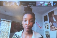 A Zoom screen shows Spelman College teaching fellow Tangela Mitchell, a brown-skinned woman with a nose ring and her hair styled on top of her head, in the center and six high school students taking part in a discussion section.