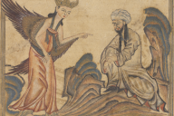A medieval painting of the angel Gabriel and the prophet Muhammad. Gabriel has wings and Muhammas is wearing a head covering and has a beard.