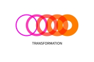 An abstract geometric illustration depicting the concept of "tranformation": five linked circles, in a row, transform from pink, to shades of orange and pink, to orange.