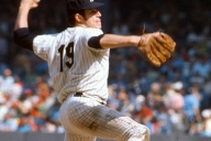 New York Yankee Fritz Peterson throws a pitch during a 1972 game.