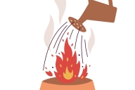 Hand holding a watering can pouring water into open human head on fire 