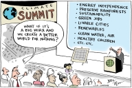 A political cartoon depicts a speaker at a climate summit outlining benefits of action. The bulleted list reads: “energy independence,” “preserve rainforests,” “sustainability,” “green jobs,” “livable cities,” “renewables,” “clean water, air” “healthy children,” “etc., etc.” A skeptic in the audience asks “What if it’s a big hoax and we create a better world for nothing?”