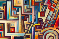 A colorful abstract depiction of ladders, spirals and other shapes