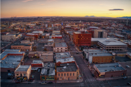 An aerial view of the city of Pueblo, Colo., at sunset.