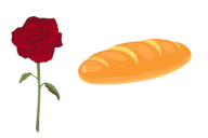 A drawing of a rose next to a drawing of a loaf of bread.