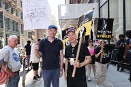 Bob Odenkirk strikes with members and supporters of the WGA and SAG-AFTRA in New York City