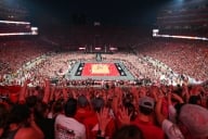 View of the court during the game between the Nebraska Cornhuskers and the Omaha Mavericks at Memorial Stadium on Aug. 30, 2023, in Lincoln, Neb.