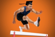 Photo illustration of a sprinter wearing a mortarboard