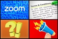 Zoom logo, contract, exclamation mark and question mark and megaphone