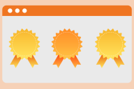 Three badges on an orange browser window on an orange background