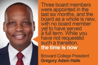 A photo of Broward College president Greg Haile, a brown-skinned bald man wearing a suit and tie