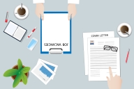 Hands on one side of illustration holding a job application and hands on the other side pointing to a cover letter, with pens and cups of coffee beside both