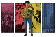 A Black student with books and a backpack stands in front of a four-panel illustration