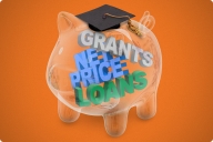 Illustration of a clear piggy bank filled with words like "grants," "net price" and "loans."