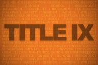 The words "Title IX" against an orange backdrop of smaller words such as "health," "negligence" and "abuse" 