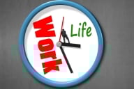 Clock with "Work" written in red taking up more than half of the face of the clock and "life" in green taking up about a fourth, while a man stands on the hands at 3:30 trying to push back the work section