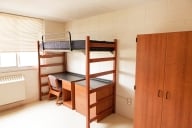 An empty college dorm room featuring a bunk bed, desk and chair, and closet.