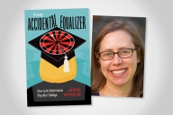A book cover featuring a woman wearing a graduation cap with a dartboard on it is juxtaposed next to a picture of Jessi Streib, a light-brown-haired woman with glasses.