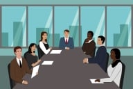 Illustration of a man sitting at head of table surrounded by diverse board members