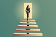 Shot of woman from behind as she walks up staircase into the light of an open door