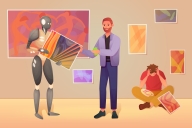 A robot holds a painting and offers it to a man in a suit. In the background, another man is sitting on the floor with his head in his hands.
