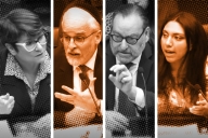 An illustration showing four panelists who spoke a House hearing on campus antisemitism
