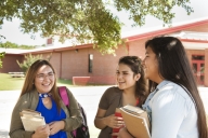 Multiethnic group of high school or college girls talking together on campus outdoors in summer or spring season.