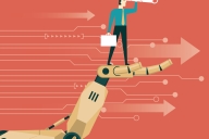 Robot arm holds up man holding briefcase and looking ahead through a telescope as if seeking something