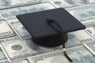 A photo illustration of money against a mortarboard.