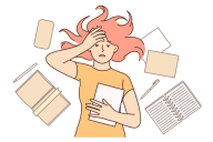 A drawing of an obviously stressed-out and overwhelmed female college student lying down, one hand on her head, and surrounded by notebooks and books.