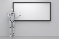 A cyborg standing by a blank whiteboard as if at the front of a classroom.