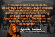 Quote from President Burwell overlaid on photo of students protesting