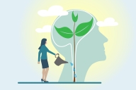 Woman watering a plant that grows up into the brain of a person 