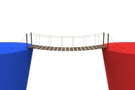 A rope bridge against a white background linking blue and red platforms, illustrating the concept of bipartisanship.