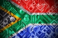 An illustration of high-tech AI graphics overlaid with the South African flag