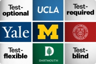 A grid of college logos and words that say test-optional test-required test-flexible and test-blind