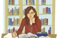 Illustration of a woman at a desk surrounded by papers and open books, with books on a shelf behind her