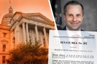 A photo illustration including photos of Indiana's Statehouse, state senator Spencer Deery and a page of Senate Bill 202.