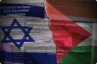 A photo illustration of the Israeli and Palestinian flags overlaid over snippets of a few statements from scholarly associations.
