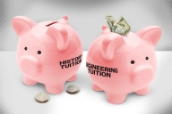 Two piggy banks; the one labeled "history tuition" has a few coins by it while the one labeled "engineering tuition" has dollars coming out of it.
