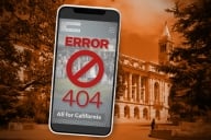 A phone has an "error 404" message on its screen in red. The phone is placed in front of an orange background showcasing a university building