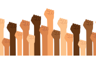 A graphic depicting 18 arms and fists, representing a variety of skin colors, pumped in the air in a gesture of solidarity.