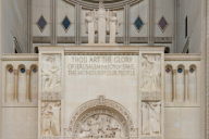 A close-up of the facade of the Basilica of the National Shrine of the Immaculate Conception. 