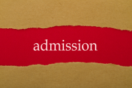 The word "admission," the text written in white, is offset against a red and tan background.