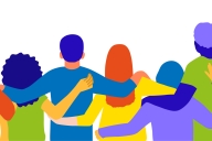 View from behind of large group of people with arms around each other's backs
