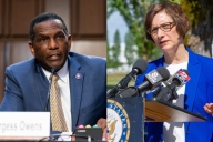 Representative Burgess Owens, a Black man wearing a blue suit, and Representative Suzanne Bonamici, a white woman wearing a blue blazer, both speak at microphones.