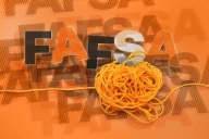 Illustration with an orange background the word FAFSA repeated and tied up in a knot of yarn