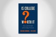 The cover of the book “Is College Worth It?” featuring an oversized orange question mark against a navy blue background.
